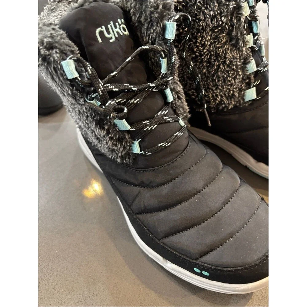 Ryka Addison size 8 Black Quilted Boots with Faux Fur and blue accents